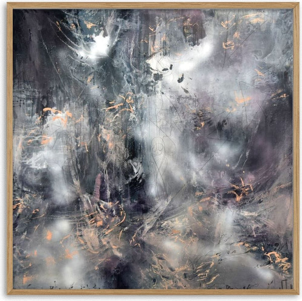 Between The Black and Divine (13) by Ovidiu Kloska - charcoal and silver abstract with bursts of white light and copper flecks
