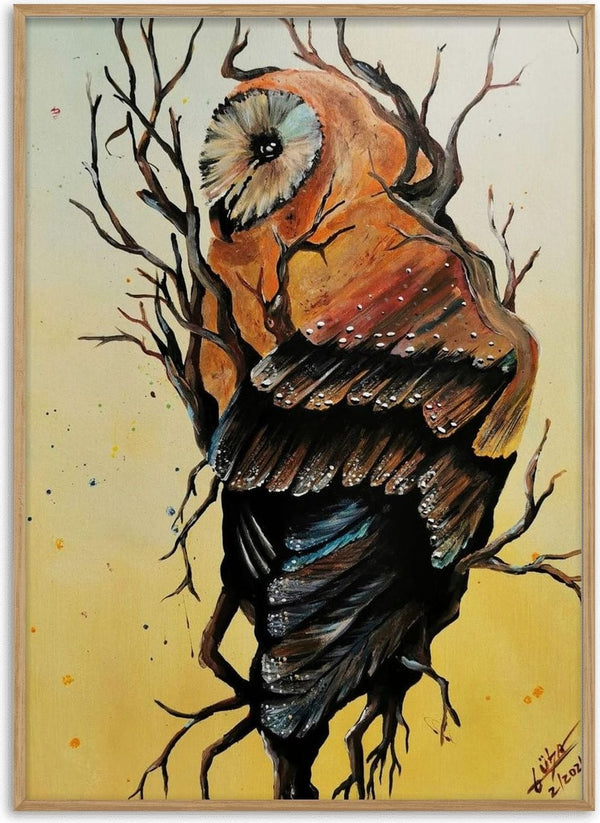 Between worlds by Lüba - an owl in ochre and blue-black with bare branches across a pale yellow ground
