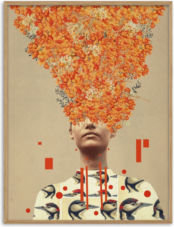 Surreal art of a person with orange autumn flowers for hair, wearing a shirt patterned with birds.