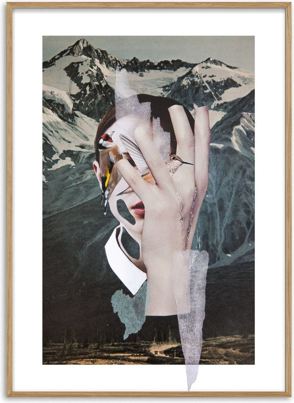 Birdie by Rocio Montoya - woman's face hidden behind a hand and birds before snowy mountains