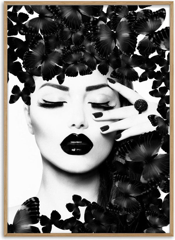 Black lipstick butterflies poster featuring a woman with bold black lips surrounded by black butterflies.