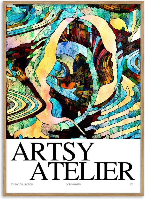 Abstract blue collage with swirling lines and shapes, artistic profile silhouette, "Artsy Atelier" text below.