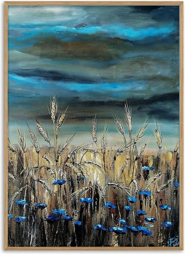 Blue fields by Lüba - ripe wheat with blue cornflowers under a heavy blue and grey sky