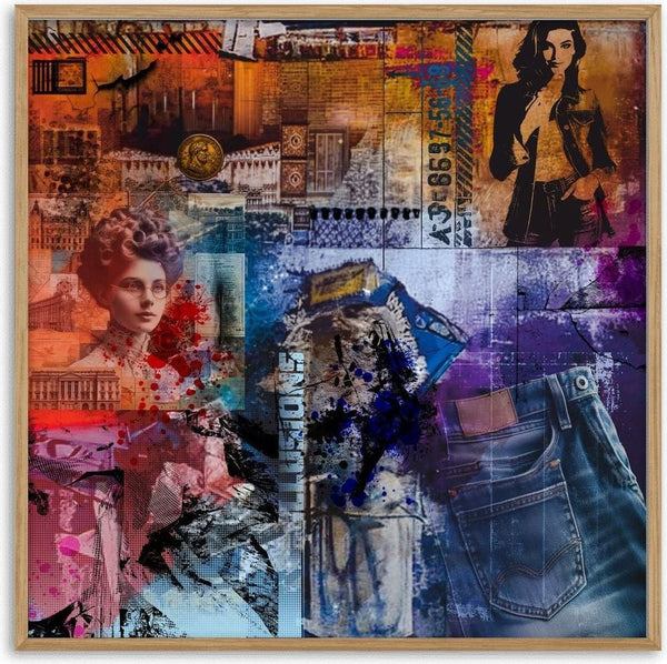 Blue jeans & Illusions by Dada - a Victorian woman, a denim jacket and folded jeans across rust and blue