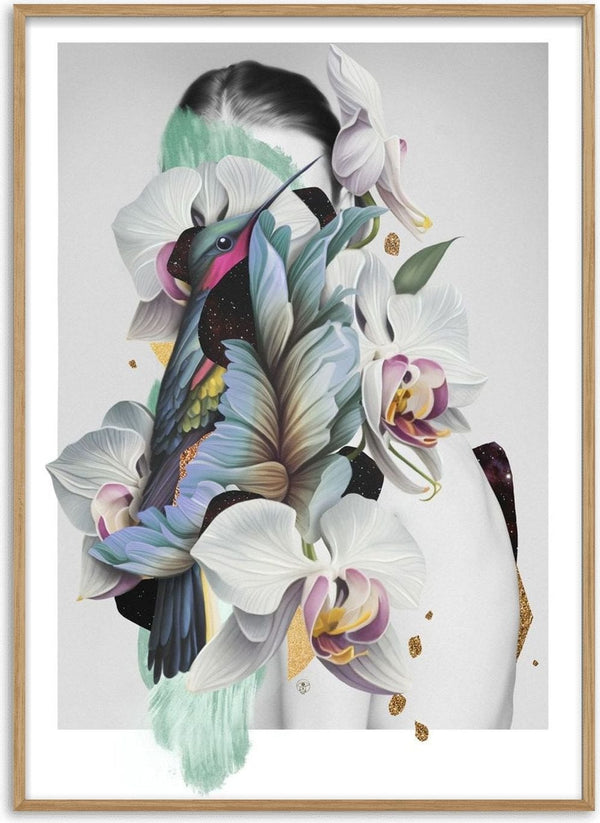 Blue Nostalgia by Rocio Montoya - a portrait covered by white orchids and a starry hummingbird