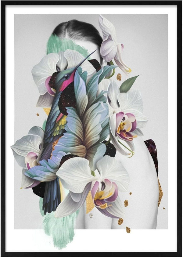Blue Nostalgia by Rocio Montoya - a portrait covered by white orchids and a starry hummingbird