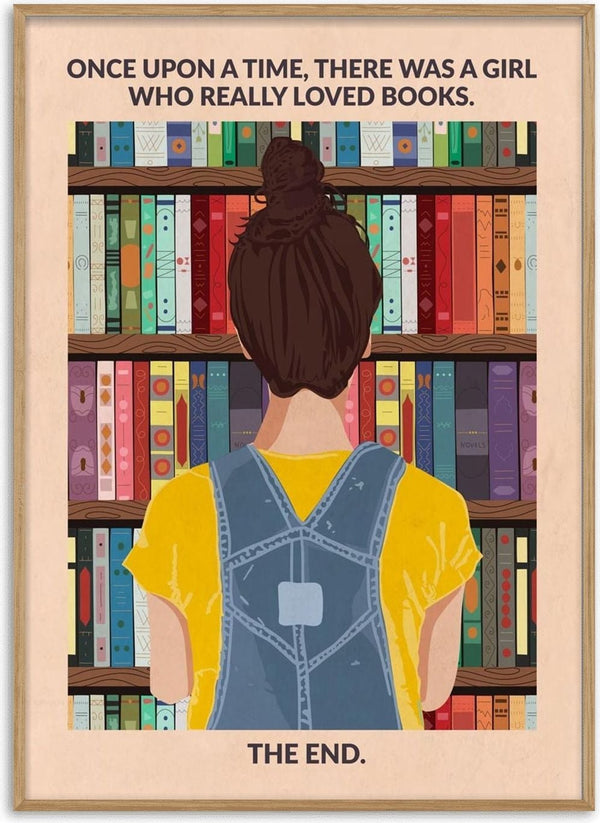 Illustration of a girl in overalls facing bookshelves, with text about her love for books. Book Girl wallchart.