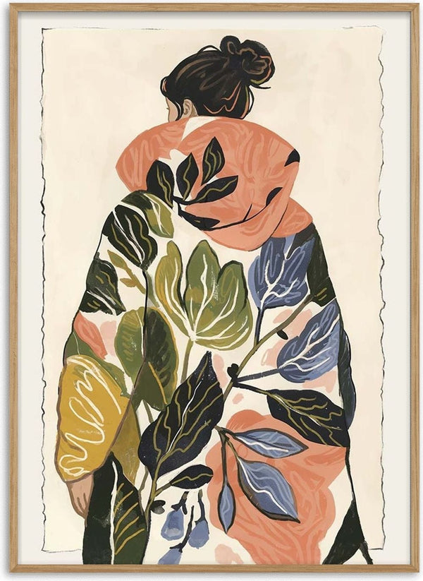 Illustration of a woman in a botanical-patterned coat, featured for Botanical Harmony - Elara Monet.