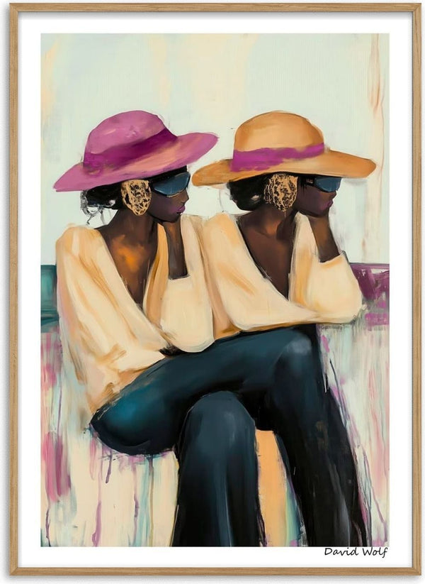 Painting of two women in hats and sunglasses sitting side by side, from Break by David Wolf.
