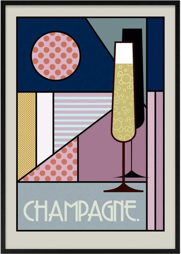 Geometric art poster showing a champagne glass and the word "CHAMPAGNE" in bold letters.