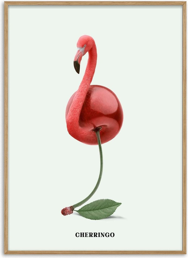 Cherringo by Jonas Loose - a pink flamingo's neck rising from a dark red cherry on pale mint green