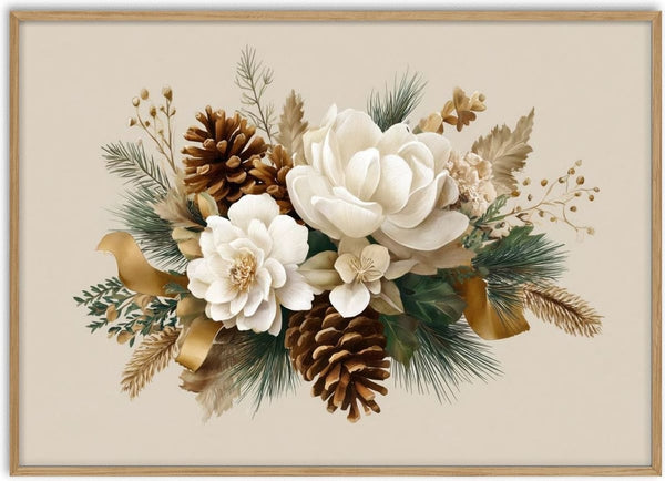 Christmas flower arrangement with white blooms, pinecones, gold ribbon, green pine needles, and festive foliage.