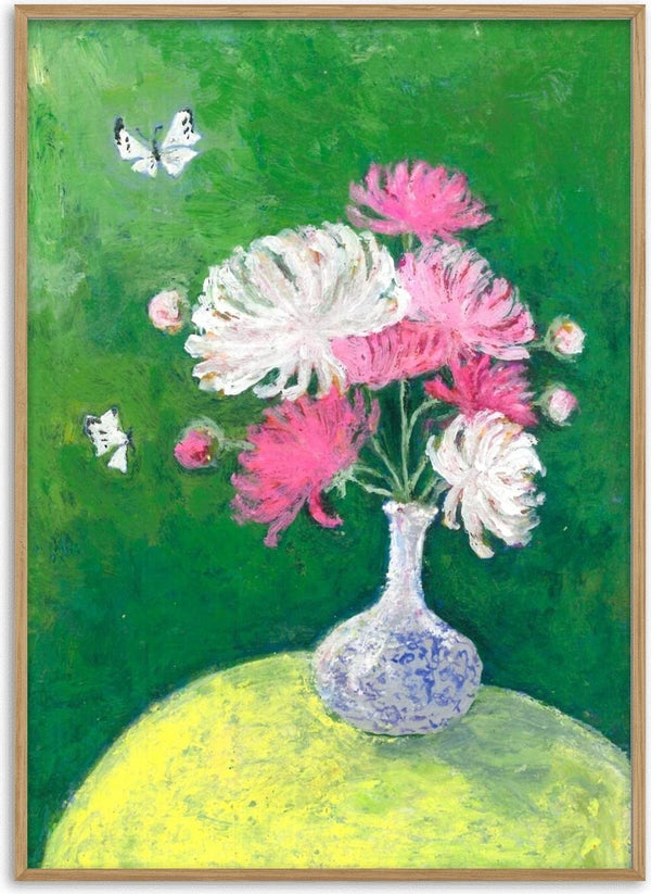 Chrysanthemums by Deblina Dey - white and pink chrysanthemums in a blue-and-white vase against deep green