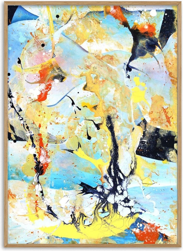 Composition Yellow on Blue by Andreas Pohle - yellow and ochre with orange splashes and dripped black ink on blue