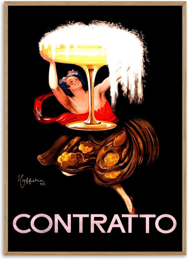Vintage Contratto poster featuring a dancing woman holding an oversized champagne glass with bubbles.