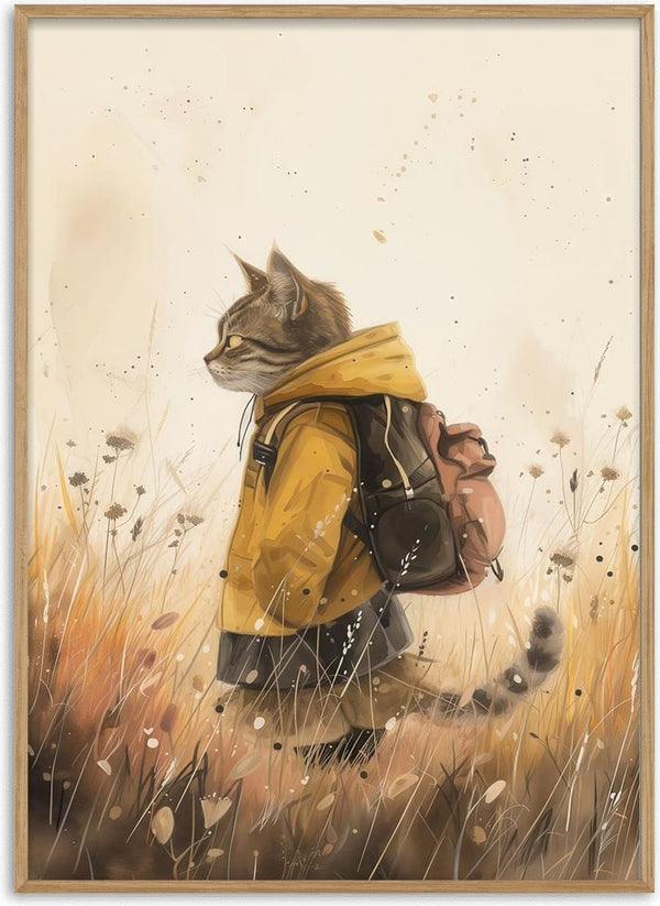 A cat in a yellow jacket and backpack stands in tall grass, embodying the adventurous Cool Cat spirit.
