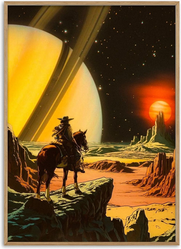 Cosmic Cowboy by Taudalpoi, a cowboy on horseback overlooking a desert canyon beneath a giant yellow ringed planet