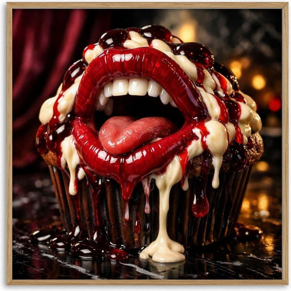 Craving Overflow by Devour Art - a chocolate cupcake with a fanged red mouth running with syrup and cream