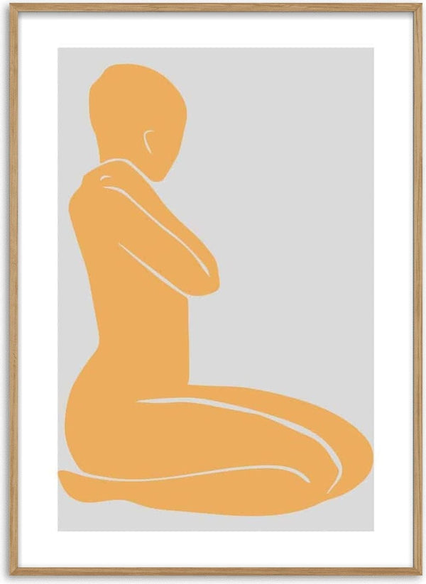 Minimalist illustration of a cream yellow woman kneeling with arms crossed, displayed on a light gray background.