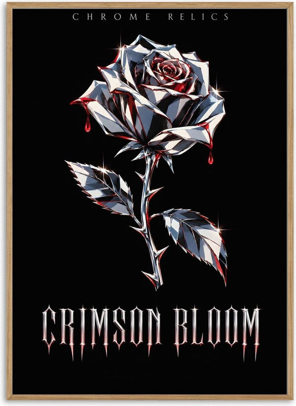 Crimson Bloom by Melancholy Machinations - a chrome rose with red running down its petals against black