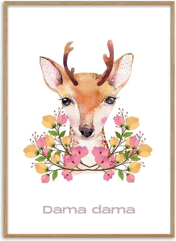 Illustration of a young deer with antlers surrounded by pink and yellow flowers, captioned "Dama dama".