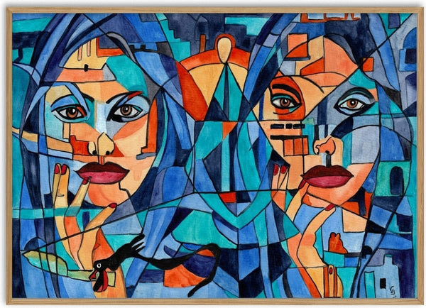 Daddy and his daughters by Vera Louise Boldt - faceted faces in blue, turquoise and orange