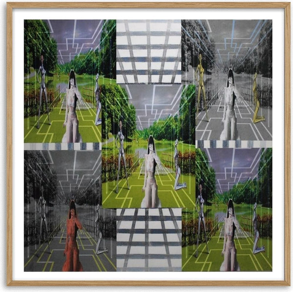 Day and night by Kaiser - collage grid of a woman in white among chrome robot figures on a green lawn with circuit lines