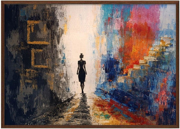 Der Schritt · The Step by ELIZA Leopold - woman walking a lit path between dark walls and bright red and blue colour