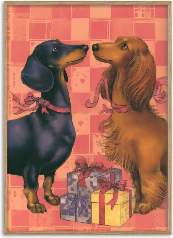 Two dachshunds with ribbons sit by Christmas presents on a festive pink background.