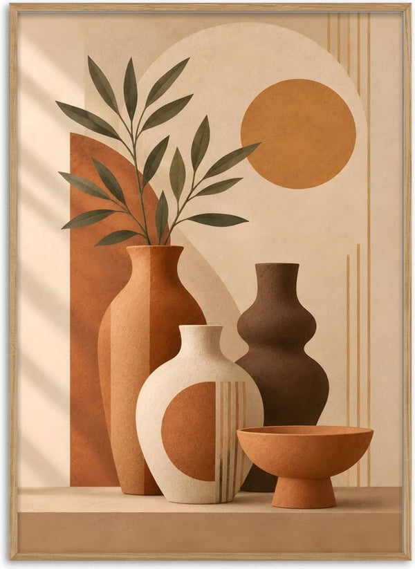 Earth Tone Still Life with Ceramic Vases by TimlessArtworks - clay and cream vessels with olive branches