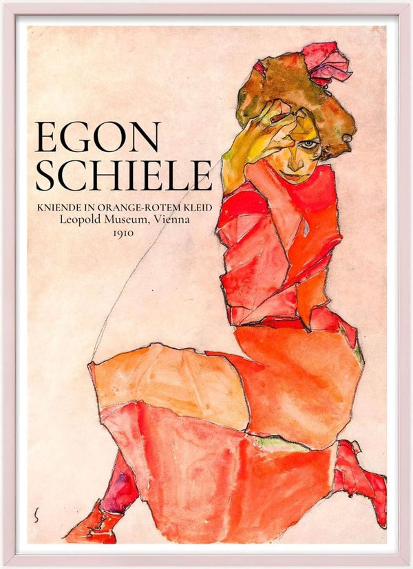 Poster of Egon Schiele's "Kniende in orange-rotem Kleid" featuring a kneeling figure in an orange-red dress, 1910.
