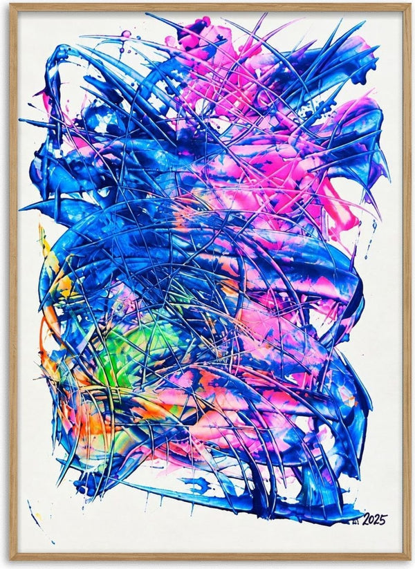 Electric Bloom by Ronald Rumell - vivid pink and deep blue lines looping into a dense centre