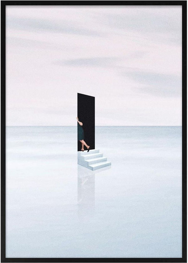 A surreal artwork of a figure entering a door atop stairs, set in a vast, reflective landscape. Escapism by Maarten Léon.