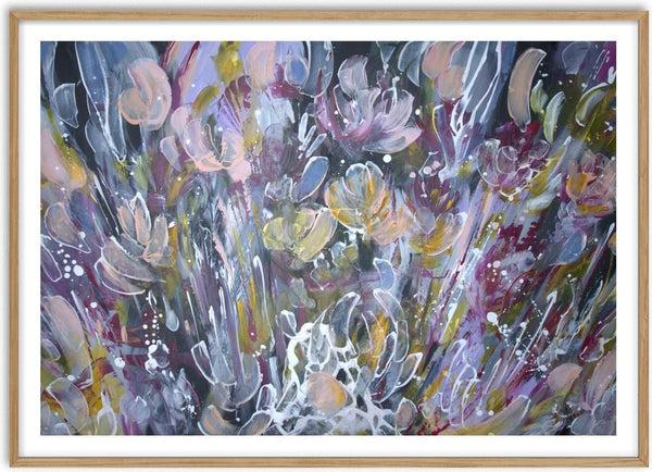Euforia by Art Anne Lee - a crowded flower field in violet and grey on a near-black ground