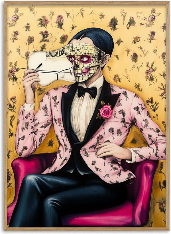 Man in a floral suit revealing a cracked mask, representing "Face Your Fears" by Martin Zen.