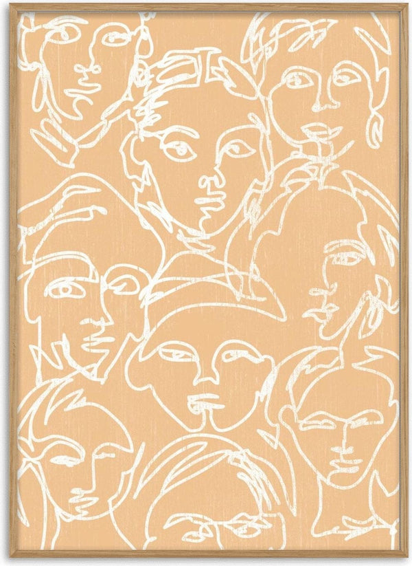 Abstract white line drawings of multiple faces on a beige background, featured on the Faces in White Plakat product page.