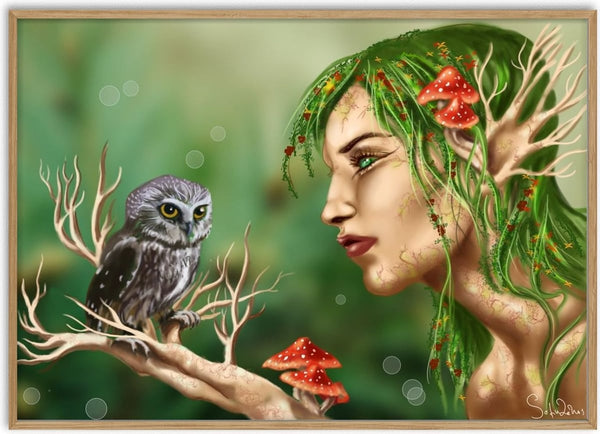 faery tree by Sofia de Lemos - a moss-grown woman's profile with toadstools and an owl