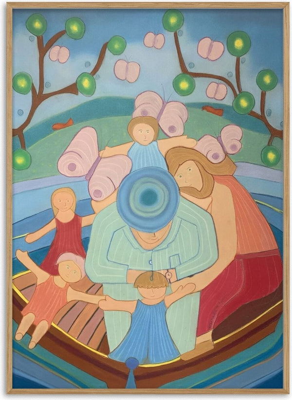 Family boat trip by Gerard Ceulemans - family of six crowded in a wooden boat with trees and pink butterflies behind them