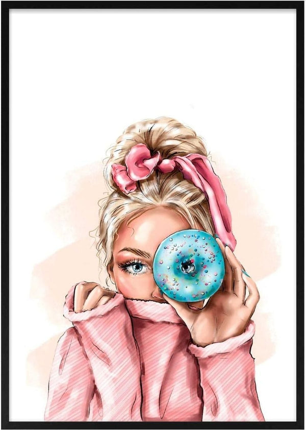 Illustration of a stylish woman in pink holding a blue donut up to her eye, perfect for Fashion Elegance Plakat.