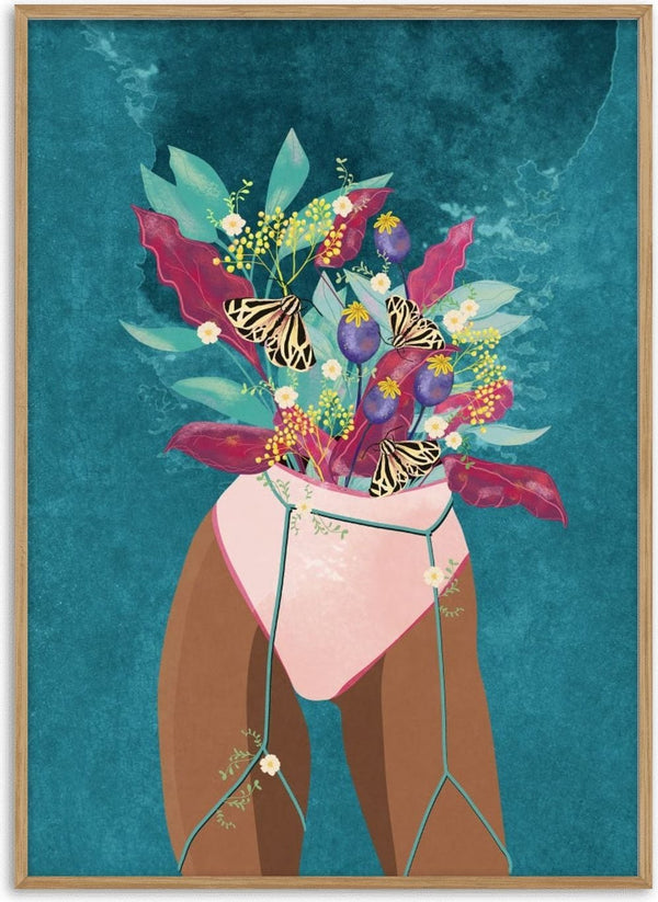 Illustration of a woman's lower body with flowers and butterflies blooming from her waist, by Feel florish - Raissa Oltmanns.