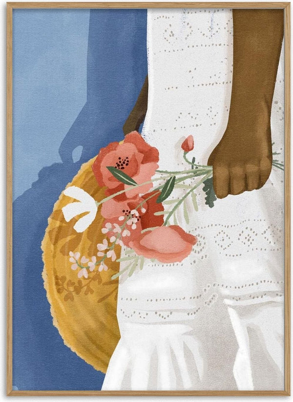 Illustration of a person in a white dress holding a bouquet and straw hat, with a blue background.