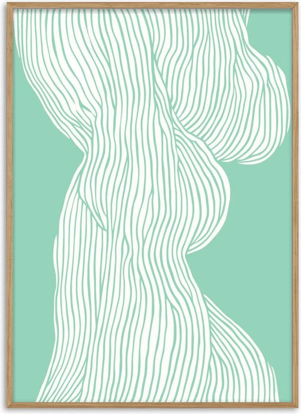 Abstract fiber pattern artwork for Fibers No 1 product page, featuring flowing white lines on a teal background.