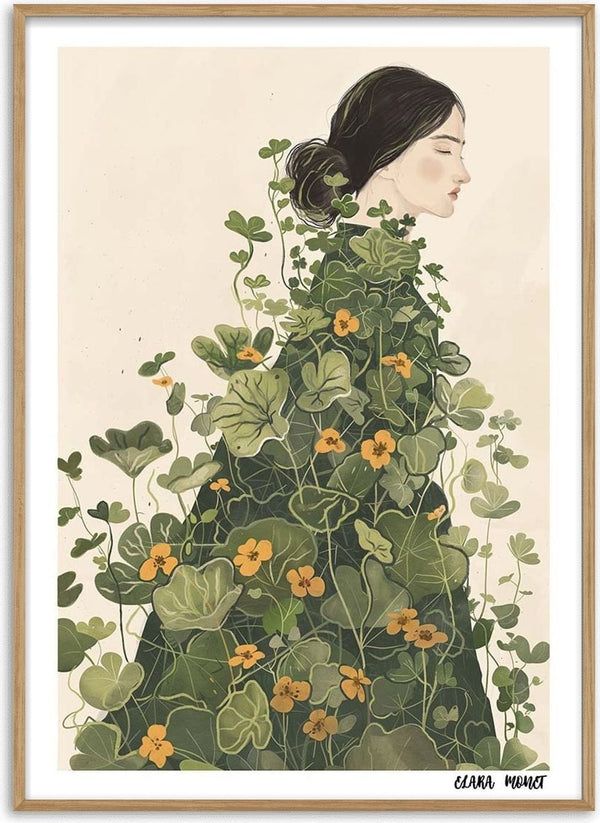 Art print of a woman draped in lush green leaves and orange flowers, from Floral Symphony by Elara Monet.