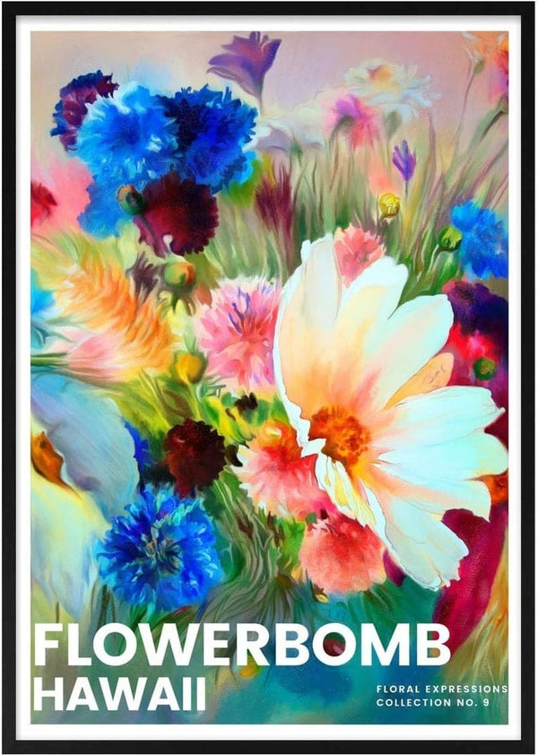 Colorful bouquet of flowers with bold petals, featured on the Flowerbomb - Hawaii kunstposter product page.