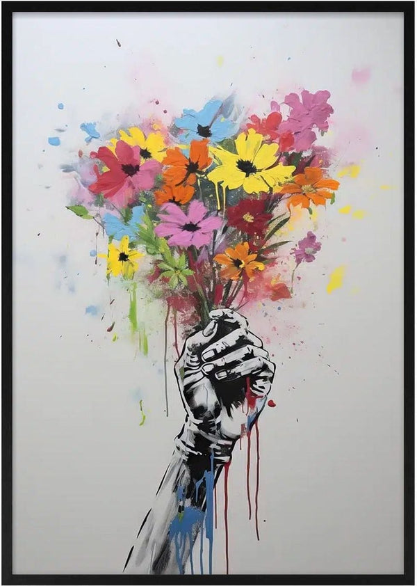 A hand holds a colorful bouquet of flowers against a white background, inspired by Banksy’s "Flowers of Peace" poster.