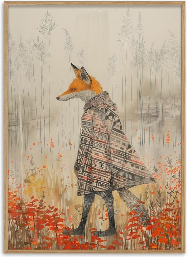 Illustration of a fox wearing a patterned poncho, walking through a field with red flowers and tall grass.