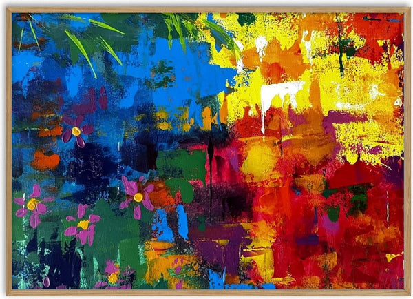 Fragments of Summer by Tako - abstract acrylic strokes in blue, red and yellow with pink flowers