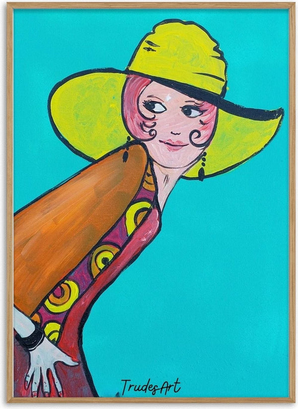 Frau mit Hut by Trude - a woman in a wide yellow sun hat and rust-orange coat on turquoise