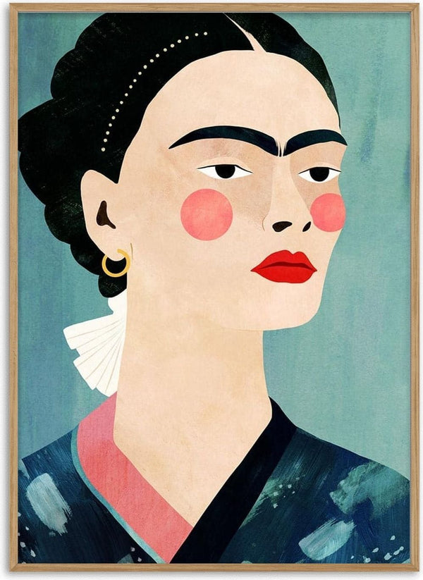 Stylized portrait of a woman with bold eyebrows and red lips on a blue background, from Mexican on Blue - Henry Rivers.