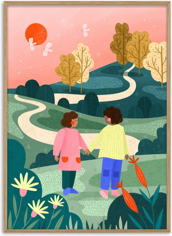 Friends Walking Winding Path by Bea Müller – two friends holding hands on a winding path through green hills